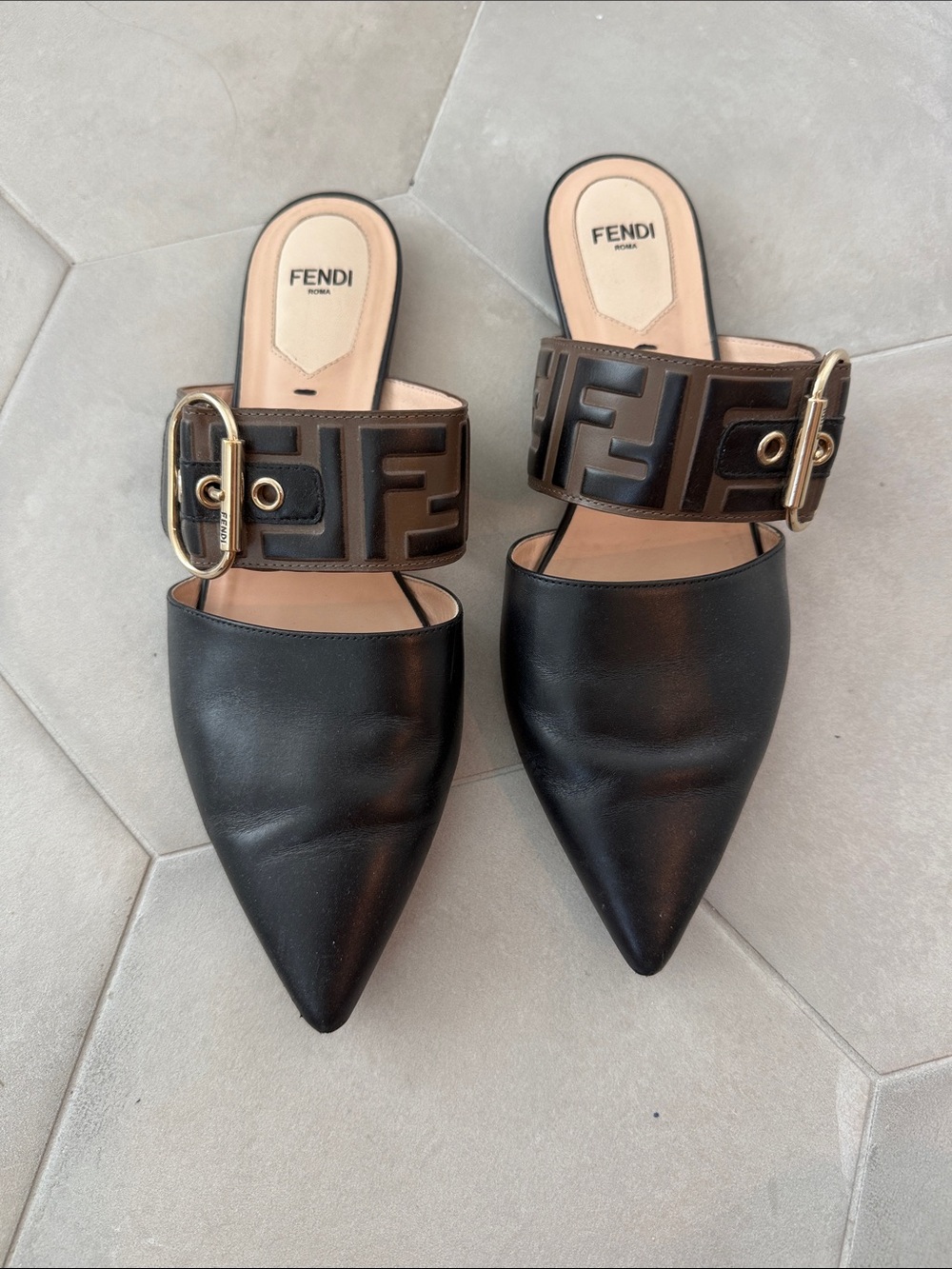 Fendi Black Leather Pointed Mule with Brown Logo Buckle Strap